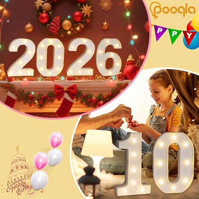 Pooqla Decorative Led Light Up Number Letters, White Plastic Marquee Number Lights Sign Party Wedding Decor Battery Operated Number (1)