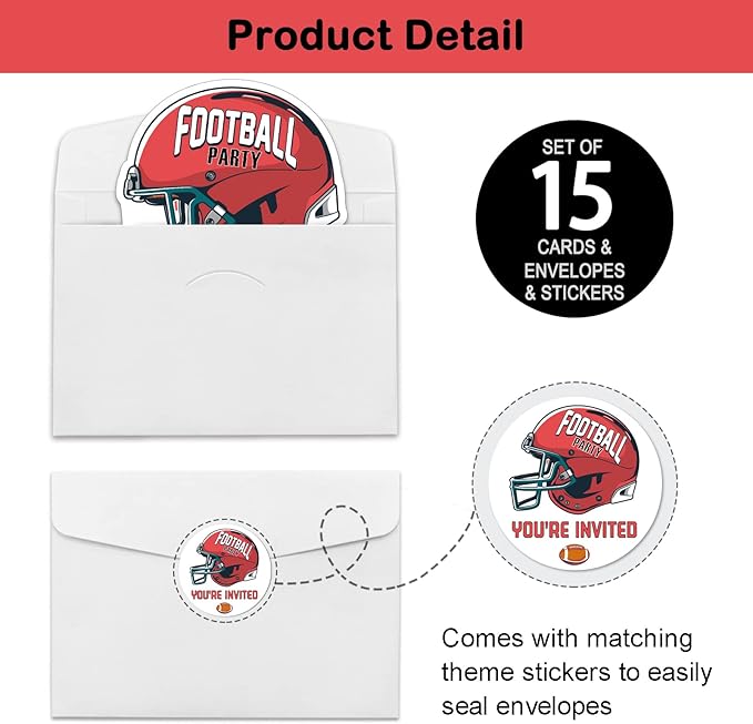 REWIDPARTY Football Party Invitations - Helmet Shaped Fill-in Invitations (Set of 15) with Envelopes & Stickers - Football Sport Party Supplies for Kids