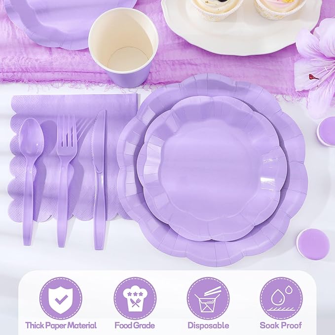 350 Pcs Light Purple Party Supplies Include Scalloped Plate Napkin Cup Forks Knives, Plastic Cutlery 50 Guest Disposable Party Tableware Set for Wedding Baby Shower Birthday Party