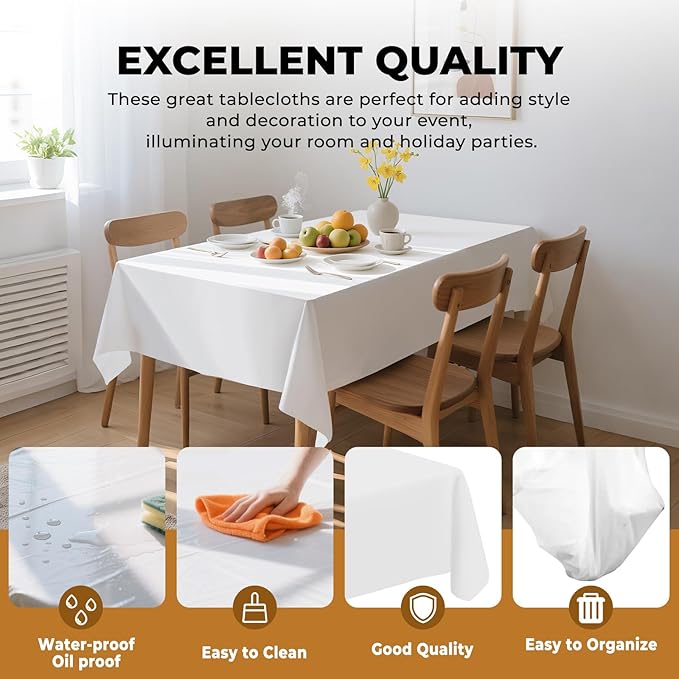 6 Pack Premium Disposable Plastic Tablecloth 54" x 108" Party Table Cloths Disposable for 6 to 8 Foot Tables Indoor or Outdoor Parties Birthdays Weddings Christmas Anniversary Buffet Table (White)