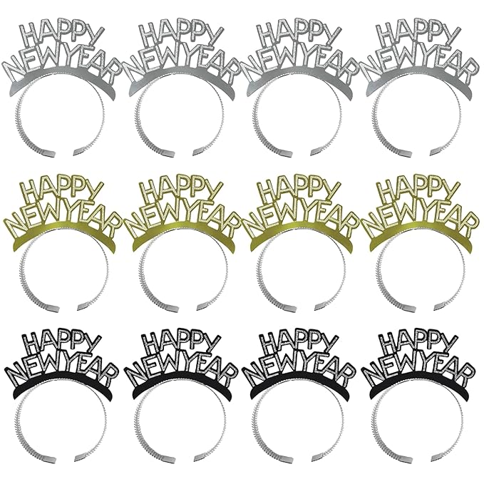 24 Pcs Happy New Year Headbands for Women 2026 New Year Eve Hairbands Party Supplies Holiday Headwear Decoration Gifts (Black+Gold+Silver)