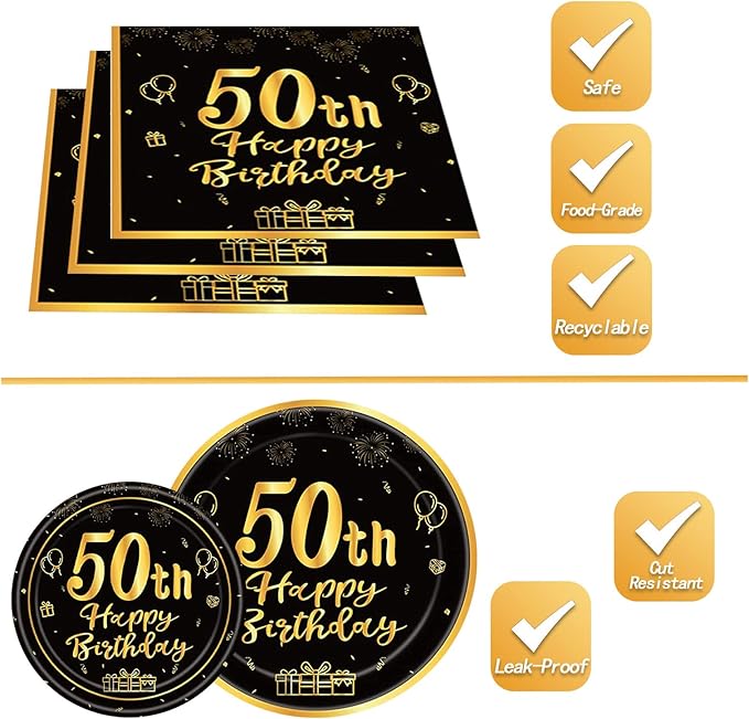 144PCS 50th Birthday Plates and Napkins Birthday Party Supplies 50th Birthday Party Decorations for Men Women Disposable Party Tableware Including Paper Plates Napkins Cups Forks Serve 24