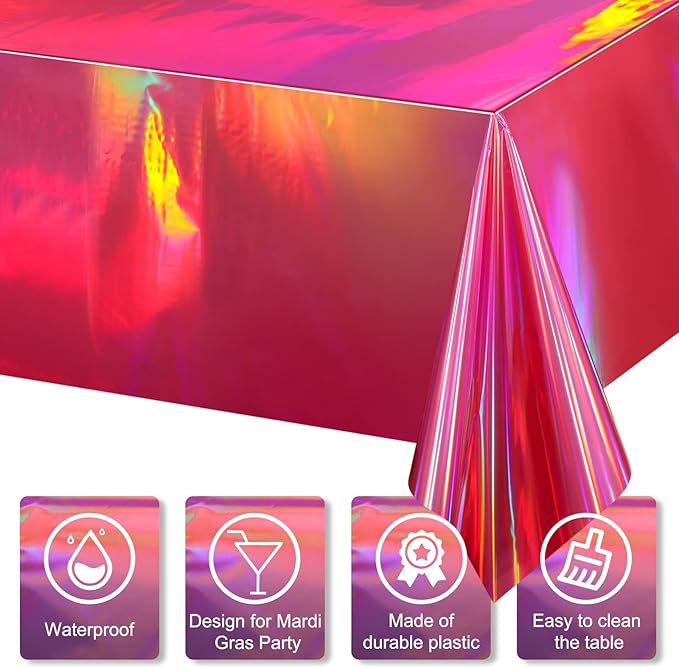 4 Pack Hot Pink Iridescence Plastic Tablecloths Shiny Disposable Laser Rectangle Table Covers Holographic Foil Tablecloth Iridescent Party Decorations Birthday Bridal Wedding Christmas, 54 x 108 Inch