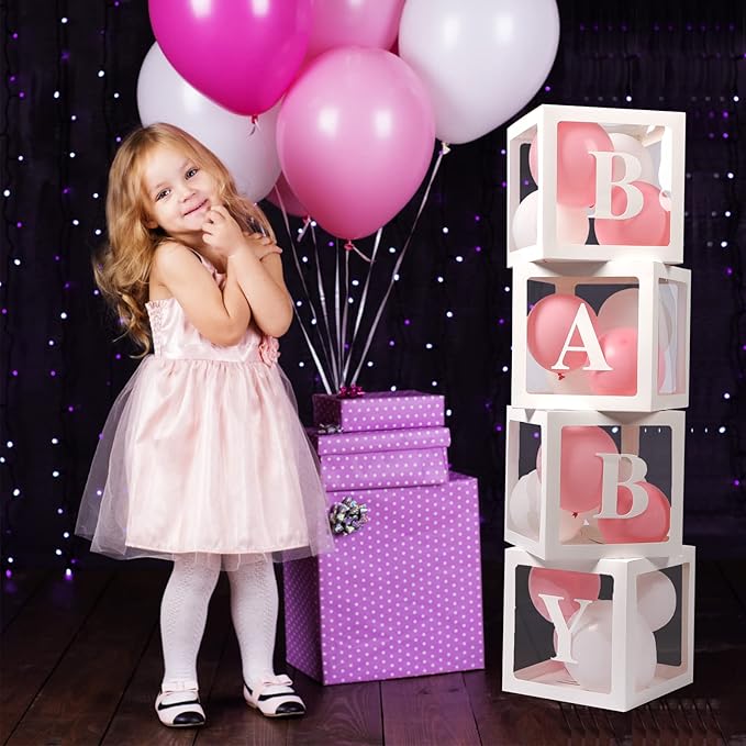 Baby Boxes with Letters, 4 Transparent Balloon for Gender Reveal Birthday Wedding Baby Shower Decorations (White)