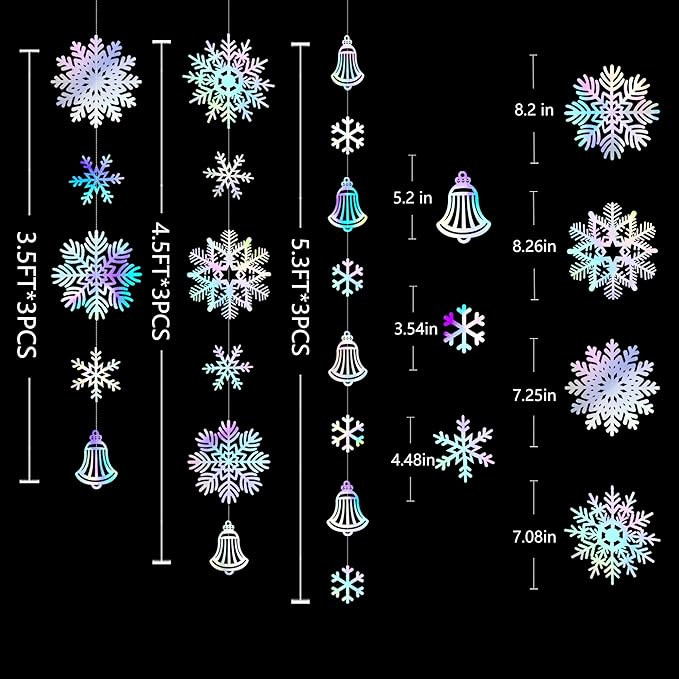 40 Ft Snowflakes Party Decorations Iridescent Snowflakes Bell Garland Holographic Big Snowflakes Hanging Streamer Backdrop for Winter Wonderland Christmas Holiday Birthday Home Window Wall Room Decor