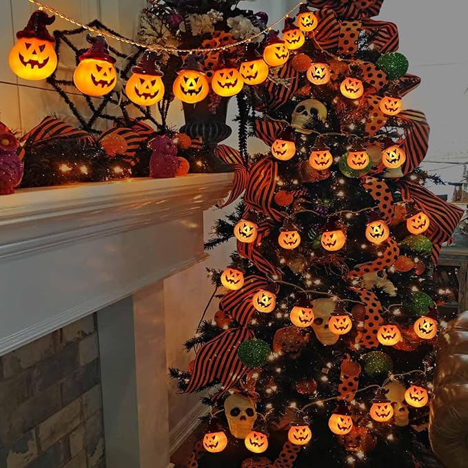 Battery Operated Pumpkin Lights for Halloween Decorations Indoor, Jack-o-Lantern String Lights for Halloween Party Front Door Porch Fireplace Camper Golf Cart Parade Garland Wreath Decor