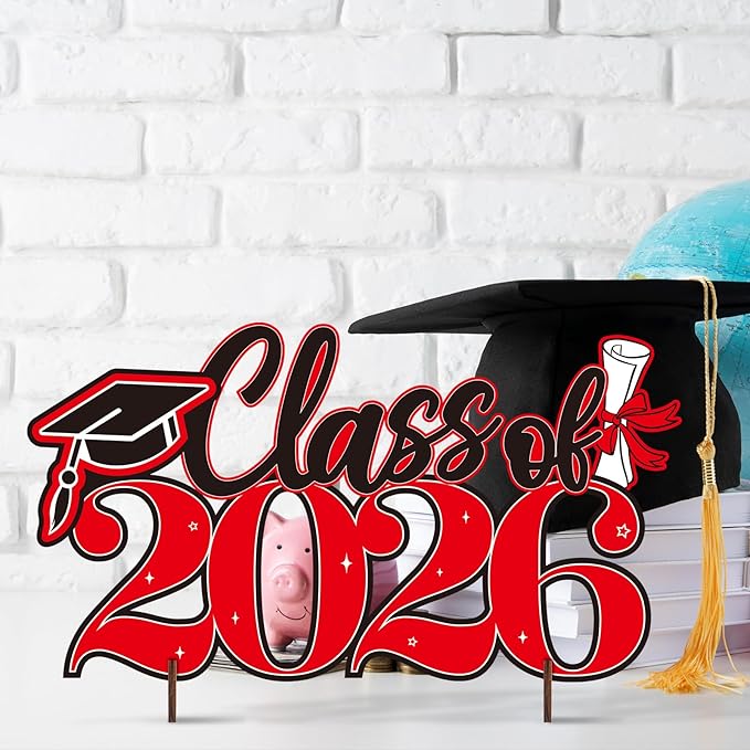 2026 Graduation Signs Decorations, 7 Pcs Class for 2026 Wooden Sign Graduation Party Photo Booth Prop, Wood Cutout High School College Graduation Ceremony Decor Supplies (Red & Black)