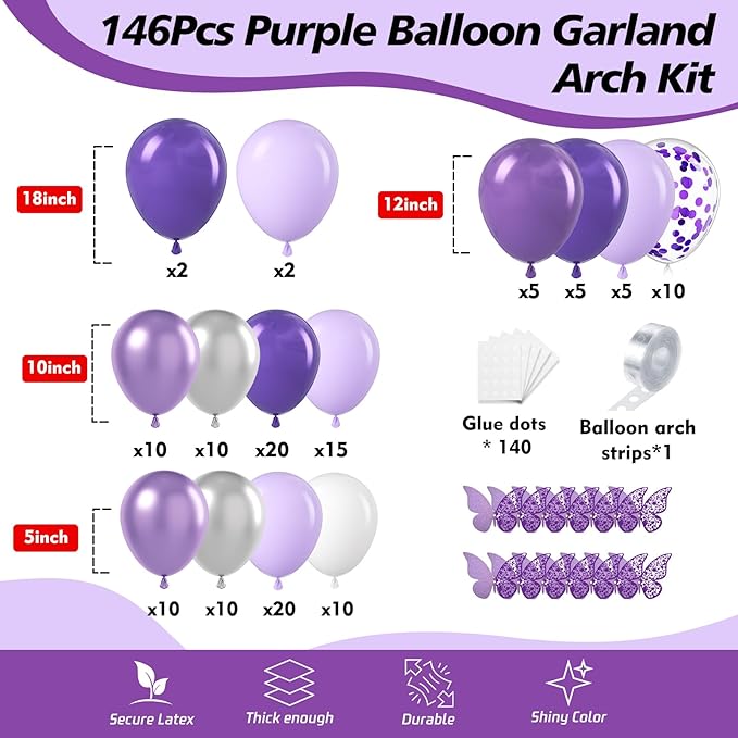 150Pcs Purple Balloons Garland Arch Kit - 5 10 12 18 inch Lavender Pastel Metallic Purple Confetti Balloons Silver White Latex Balloon for Girl Birthday Baby Shower Princess Party Decorations