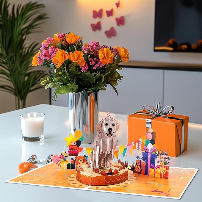 Labrador Dog Pop Up Happy Birthday Greeting Card, ideal love Gift for Adult and Kid with Blank Note & Envelope, Foldable Celebration for Daughter, Son, Mom, Dad, Friend, Children