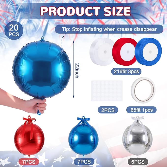 20 Pcs Large Red Blue Silver Metallic Foil Balloons 22 Inch Independence Day Giant 4d Round Ball Balloons with Ribbions for 250th Anniversary Birthday Wedding Baby Shower Tea Party Decor