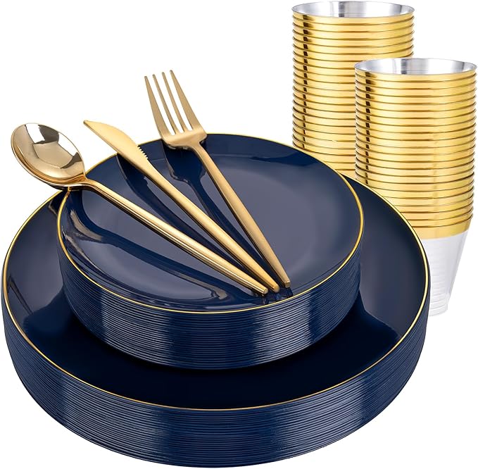 bUCLA 150PCS Blue and Gold Plastic Plates - 25 Guests Navy Blue Plastic Dinnerware Disposable for Party and Passover - Include 25 Dinner/Dessert Plates, 25 Knives, 25 Forks, 25 Spoons, 25 Cups