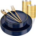 bUCLA 150PCS Blue and Gold Plastic Plates - 25 Guests Navy Blue Plastic Dinnerware Disposable for Party and Passover - Include 25 Dinner/Dessert Plates, 25 Knives, 25 Forks, 25 Spoons, 25 Cups