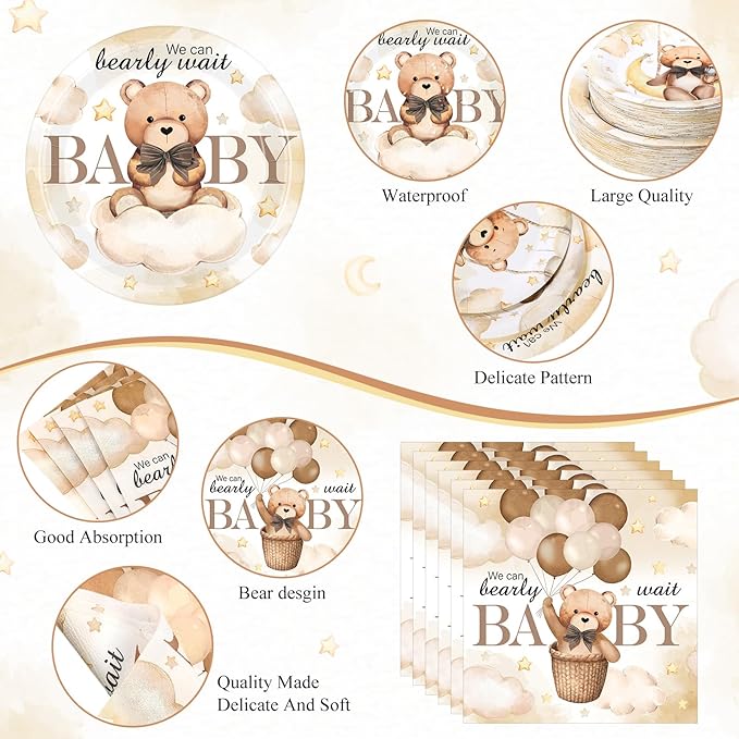 452 Pcs We Can Bearly Wait Baby Shower Decorations, Brown Bear Paper Plates Napkins Cups Tablecloth Cutlery Straws for Brown Baby Shower Gender Reveal Birthday Party Supplies, Serves 50