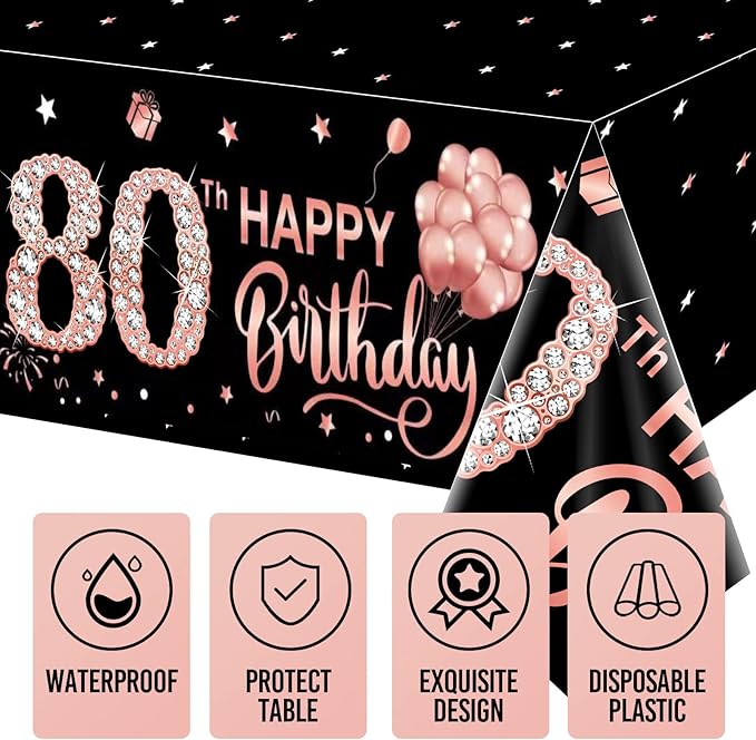 3 Pack Rose Gold 80th Birthday Tablecloth Decorations - Happy Eighty Birthday Theme Table Cover Party Supplies, Plastic Disposable Rectangular Table Cloth Decor