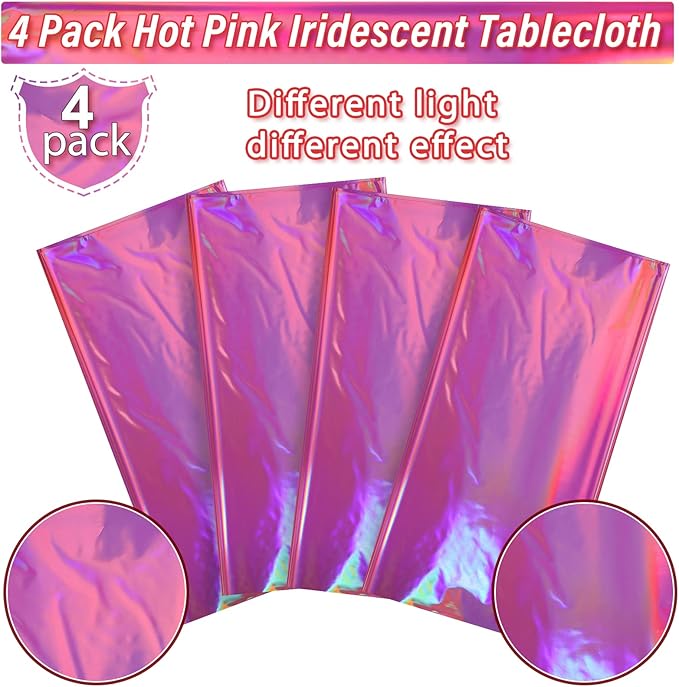 4 Pack Hot Pink Iridescence Plastic Tablecloths Shiny Disposable Laser Rectangle Table Covers Holographic Foil Tablecloth Iridescent Party Decorations Birthday Bridal Wedding Christmas, 54 x 108 Inch