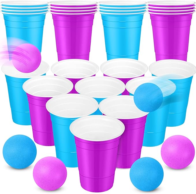 32 Pcs Winter Game Set Include 16oz Purple Blue Plastic Cups with 8 Balls, Cups for Party Decor Juice Beverage Outdoor Toss Veterans Day Supplies