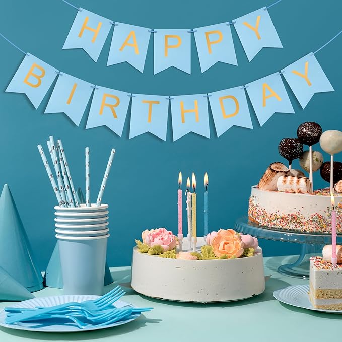 Blue Happy Birthday Banner - Light Blue Hanging Backdrop Sign with Gold Letters, Happy Birthday Sign Bunting Decorations for Women men Kids Baby Shower Party Supplies (13pcs)