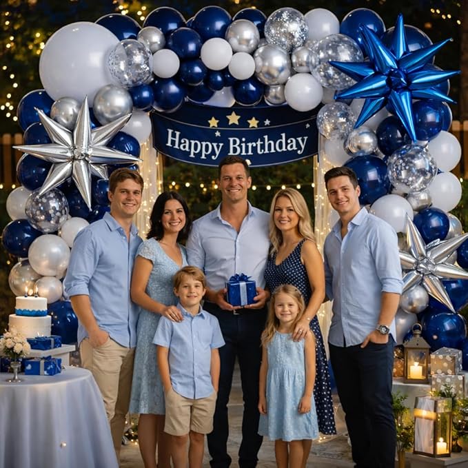 152 pcs Blue White Silver Balloon Garland Arch Kit,Navy Blue Silver Confetti Balloons with Exploding Star Balloons for Graduation Class of 2026 Birthday Wedding Retirement Party Decorations