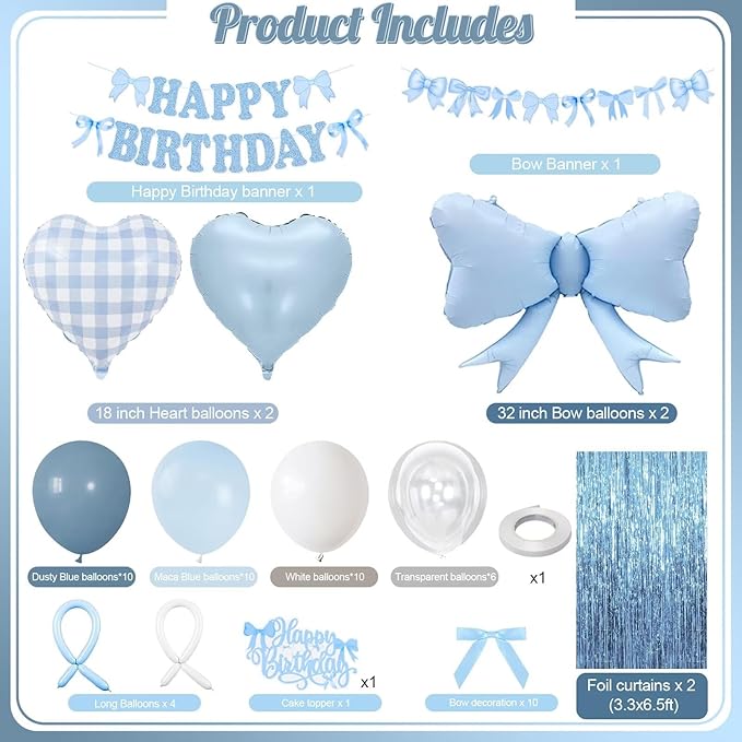 Dusty Blue Bow Birthday Decorations, Coquette Bow Blue White and Clear Balloons with Happy Birthday Banner Fringe Curtain Cake Toppers for Women Girls Baby Shower Party Supplies