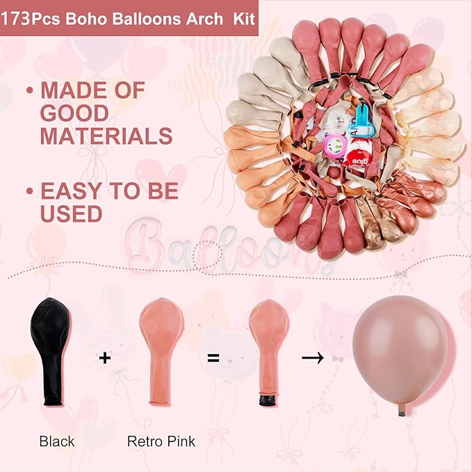 Amandir 173Pcs Dusty Rose Pink Nude Balloon Garland Arch Kit, 18In Retro Blush Peach Mauve White Sand Gold Confetti Balloons for Girl Baby Shower Wedding Boho Birthday Party Decorations