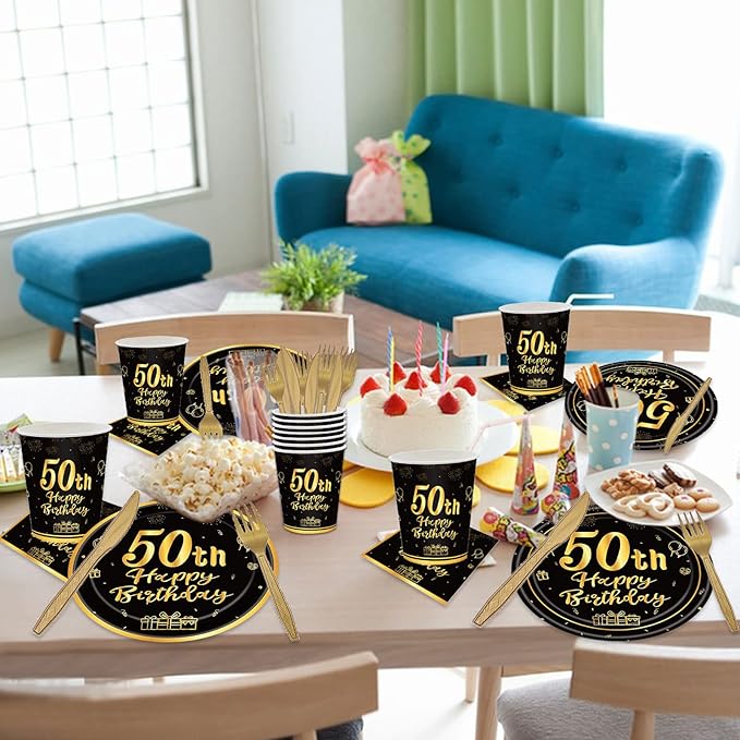 144PCS 50th Birthday Plates and Napkins Birthday Party Supplies 50th Birthday Party Decorations for Men Women Disposable Party Tableware Including Paper Plates Napkins Cups Forks Serve 24