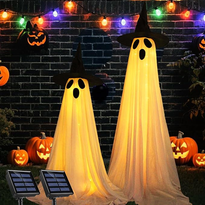 2 Pack Halloween Decorations Outdoor, Solar Light Up Spooky Ghost Decorations, Waterproof Solar Halloween Lights Outdoor Ghost Decor for Yard, Porch, Pathway, Haunted House Party Decor