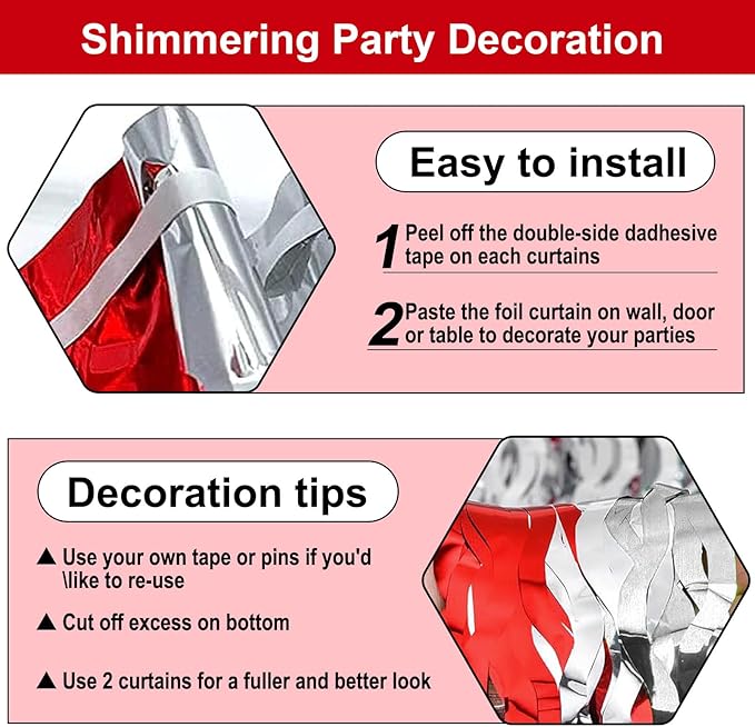 4 Pack Red Silver Wave Foil Fringe Curtain Backdrop, 3.28Ft x 8.2Ft Metallic Tinsel Foil Fringe Streamer Curtains for Photo Booth, Mother's Day, Easter, Birthday, Wedding Party Decoration