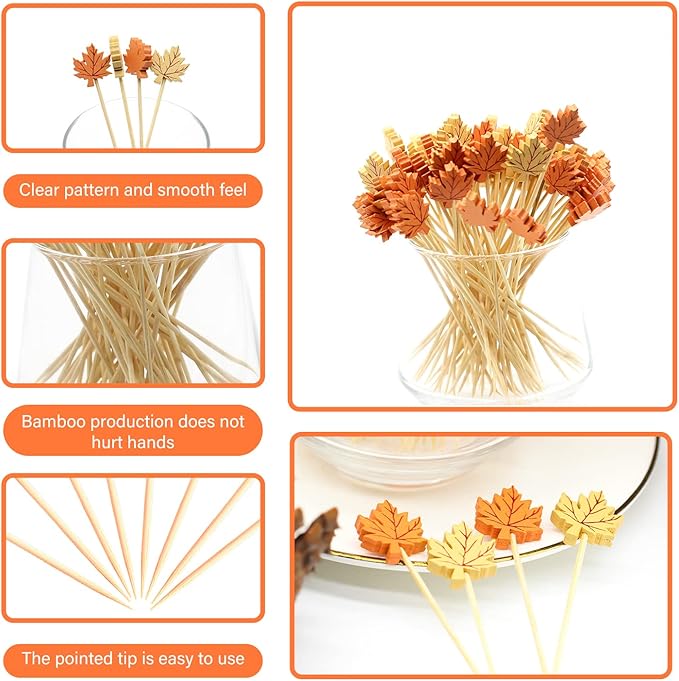 100pcs Fall Maple Leaf Cocktail Picks 5″ Maple Leaves Autumn Theme Decoration Toothpicks Fruit Sticks Skewers for Appetizer Charcuterie Board Accessories Thanksgiving Decorations Themed Party Supplies