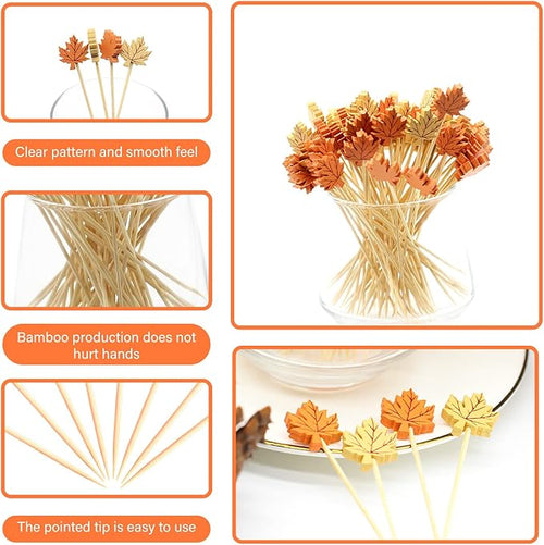100pcs Fall Maple Leaf Cocktail Picks 5″ Maple Leaves Autumn Theme Decoration Toothpicks Fruit Sticks Skewers for Appetizer Charcuterie Board Accessories Thanksgiving Decorations Themed Party Supplies