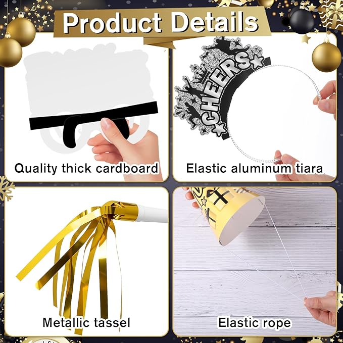 Jenaai 96 Pcs New Year Eve Party Supplies 2026 Happy New Year Eve Party Favors Include Paper Glasses Cone Hats Black Silver Gold Headbands Blowers Noisemakers for Holiday Decors Photo Prop Accessories