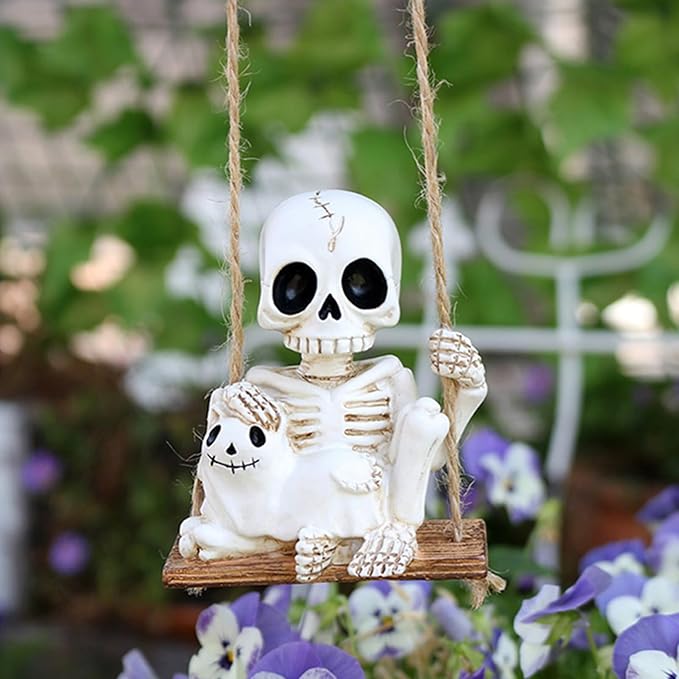 Halloween Skeleton Garden Statue Outdoor Halloween Decor, 2 Pack Gothic Decor Skeleton Plant Decorations for Pots, Cute Ghost Figurine Resin Sculpture for Desk Garden Patio Lawn Yard (F)