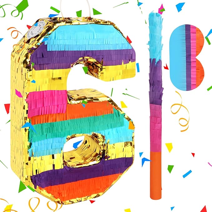 Rainbow Number 6 Pinata for 6th Birthday Party Decorations Fiesta Centerpieces Kids Anniversary Celebrations Birthday Party Supplies (16.1 x 10.6 x 3 Inches)