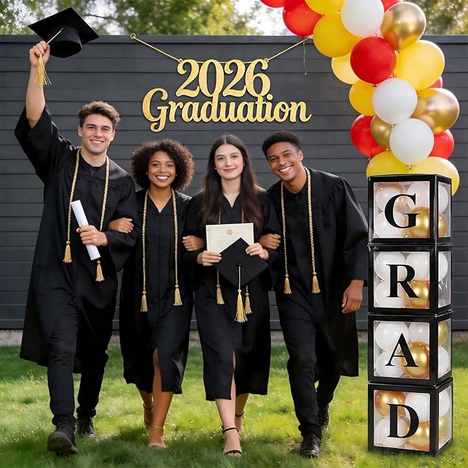 Ledido 2026 Graduation Balloon Boxes Decorations, 4 Pieces Black Clear Grad Balloon boxes with Letters, Class of 2026 Graduation Party Supplies for College, High School, Prom, Birthday, Baby Shower
