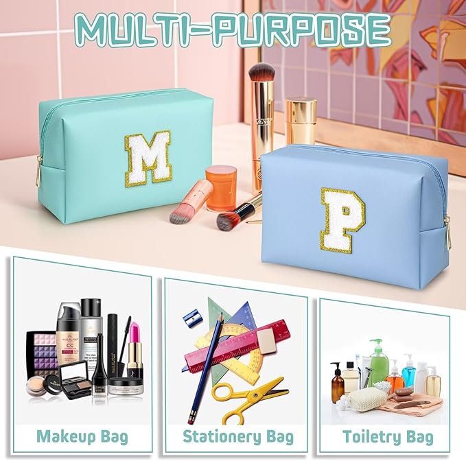TOPEAST Preppy Stuff for Girls, Initial Makeup Bag Chenille Letter Pouch Cosmetic Bag with Zipper, PU Leather Waterproof Toiletry Bag, Cute Stuff Birthday Gift for Friends Sister (Blue T)