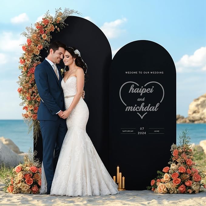 Set of 2 Arch Backdrop Covers - 6.6FT, 5FT Black Spandex Fitted Wedding Arch Stand Covers Round Top Chiara Stretchy Arch Backdrop Cover for Wedding Birthday Party Decoration