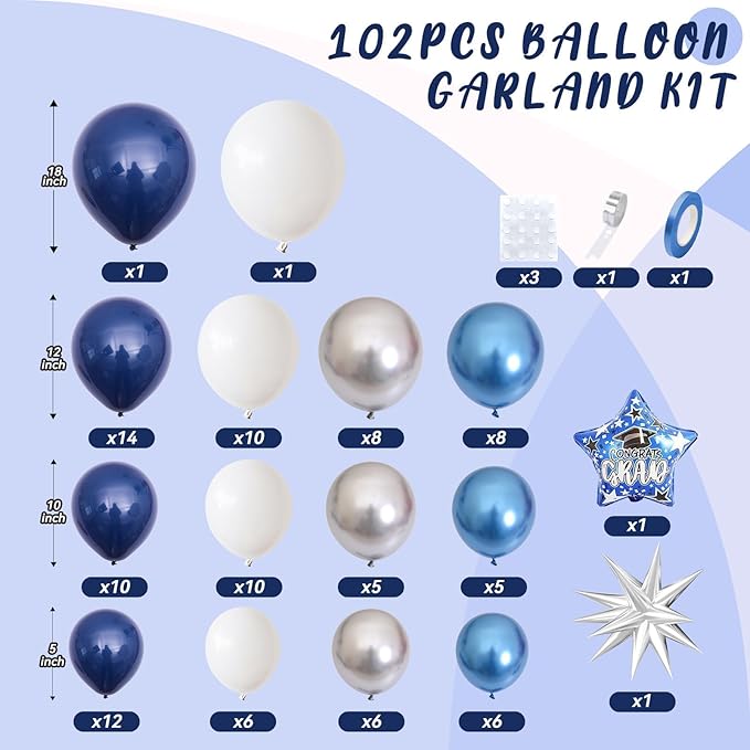2026 Graduation Balloon Arch Kit, Blue Silver White Balloons with Congrats Grad Star Foil Balloons for Class of 2026 College High School Graduation Party Decorations