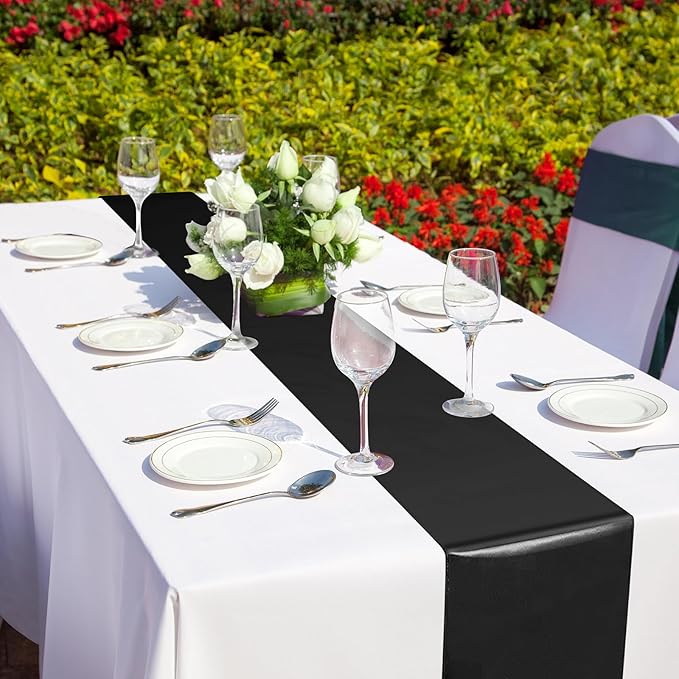 12Pack 12x108 Inch Satin Table Runner and 54x108Inch Plastic Tablecloths White and Black Disposable Rectangle Table Cover for Graduation Wedding Bridal Shower Anniversary Birthday Party Decorations