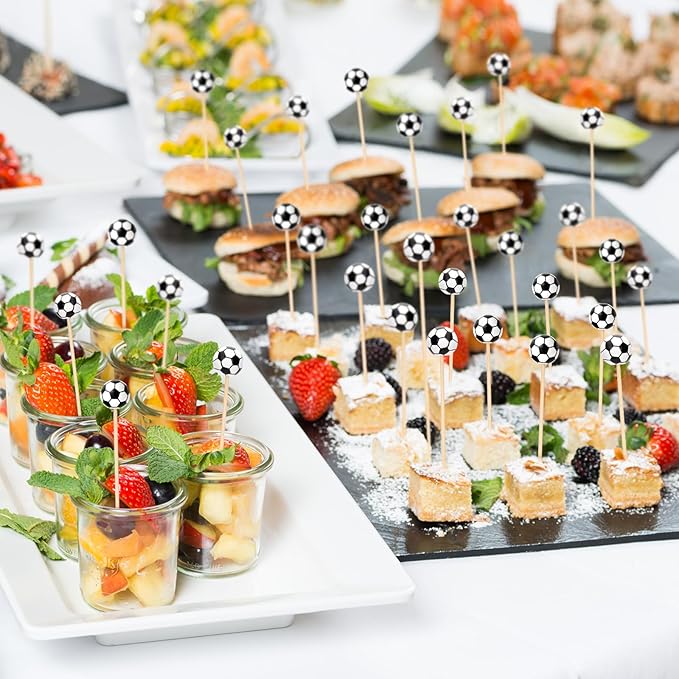 100 Pcs Soccer Toothpicks, 4.72 Inch Soccer Cocktail Picks for Appetizers, Long Bamboo Toothpicks, Decorative Toothpicks Skewers for Holiday Birthday Party Decorations (Soccer 3D)