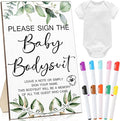 Qunclay 12 Pcs Baby Shower Game Decor with White Unisex Bodysuit Wooden Sign Tabletop Decor and Marker for Guests(Greenery)