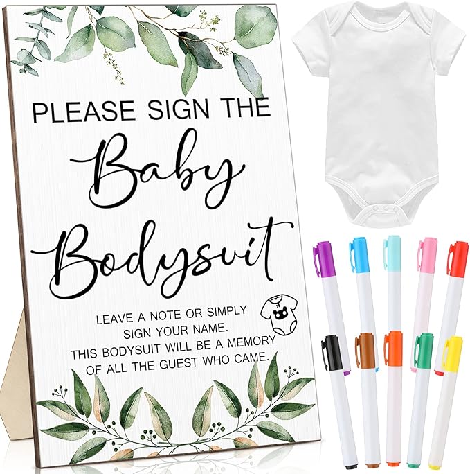 Qunclay 12 Pcs Baby Shower Game Decor with White Unisex Bodysuit Wooden Sign Tabletop Decor and Marker for Guests(Greenery)
