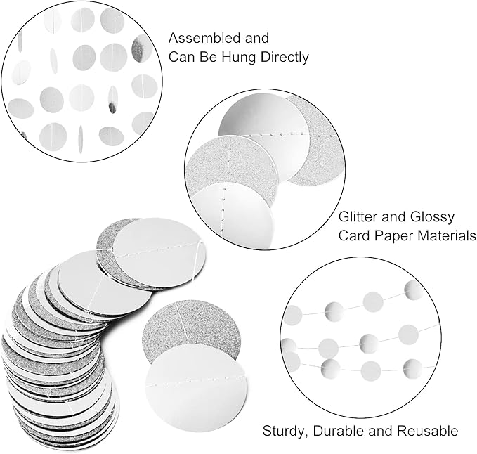 MIAHART 4 Pcs Circle Dots Garland 52 Feet Silver Decorations Party Garland Hanging Banner for Birthday Baby Shower Wedding Christmas Party Decor