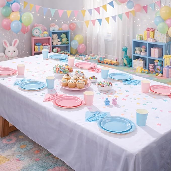 LIYH 350 Pcs Gender Reveal Pink and Blue Plates and Napkins Set for 50 Guest Party Supplies Include Scalloped Paper Plates Cocktail Napkins Cups Spoons Forks Knives for Baby Shower, Birthday, Easter