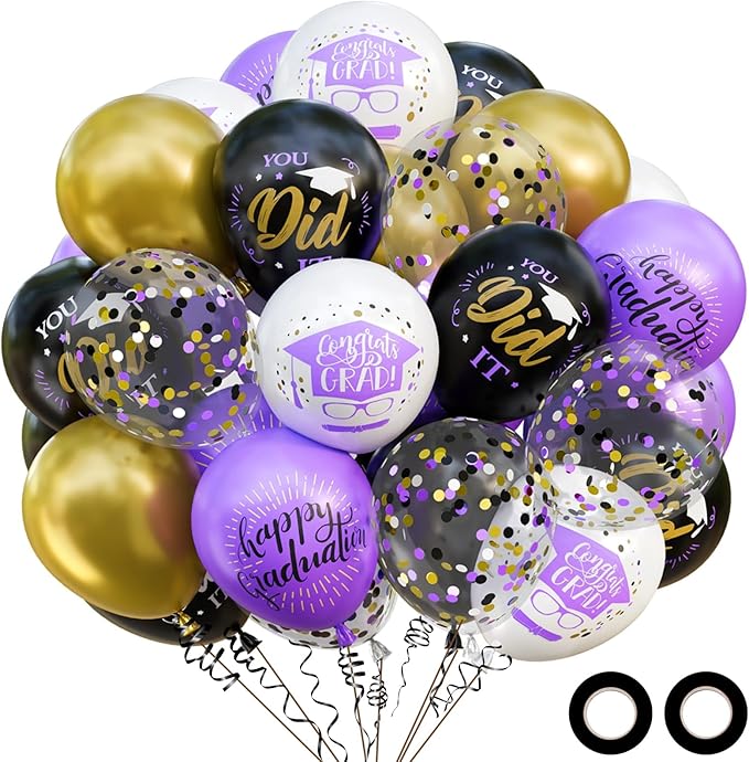 OuMuaMua 74 Pack Graduation Party Decorations Balloons Set - 12 Inch Black Purple Metallic Gold White Confetti Graduation Balloons for Class of 2026 Grad Birthday Party Decor Supplies