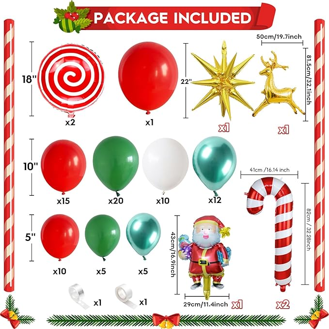 Christmas Balloons Garland Arch Kit Red White Green Xmas Decoration Balloon with Candy Gingerbread Elk Santa Claus Merry Christmas Foil Balloons for New Year Winter Holiday Christmas Party Decorations