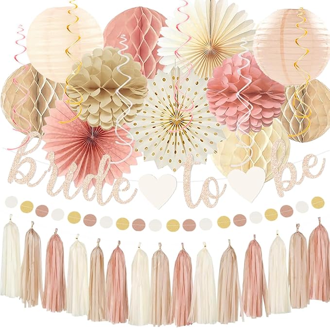 Boho Pink Bridal Shower Decorations, Champagne-Gold Bride To Be Banner Bachelorette Party Decor, Honeycomb Balls, Paper Flowers, Lanterns, Hanging Swirls, Circle Dots Garland for Wedding Shower Party