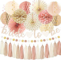 Boho Pink Bridal Shower Decorations, Champagne-Gold Bride To Be Banner Bachelorette Party Decor, Honeycomb Balls, Paper Flowers, Lanterns, Hanging Swirls, Circle Dots Garland for Wedding Shower Party