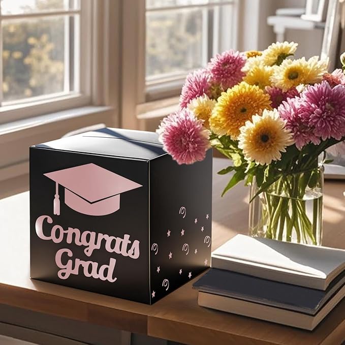 Graduation Card Box Holder, Congrats Grad Foldable Cardboard Decorations Box for Graduation Party Decoration and Grad Parties (Rose Gold)