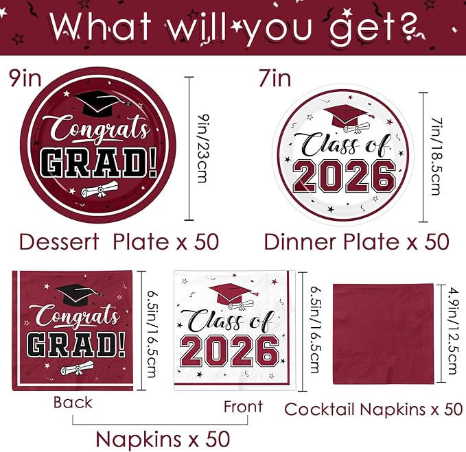 Graduation Party Plates and Napkins Maroon Class of 2026 Grad Congrats Party Supplies Disposable Dessert Paper Plates Cocktail Napkins forGraduation Party Decorations,Serve 50