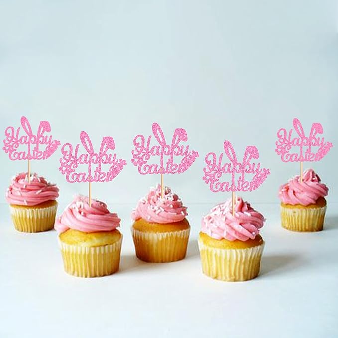 Ercadio 24Pcs Happy Easter Cupcake Toppers Glitter Pink Happy Easter Bunny Ears Cupcake Picks for Easter Day Theme Baby Shower Easter Birthday Party Cupcake Decorations