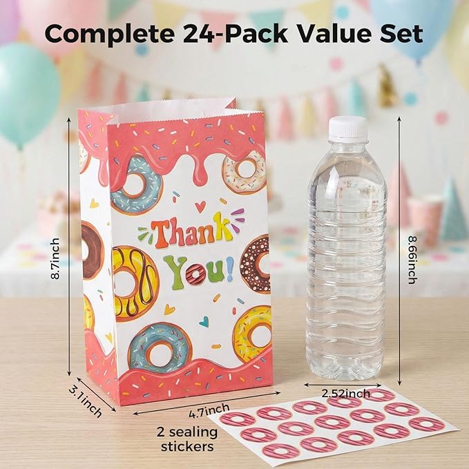 VGOODALL 24PCS Donut Party Favor Bags, Paper Gift Bags Goodie Bags with Stickers Candy Bags for Kids Birthday Party